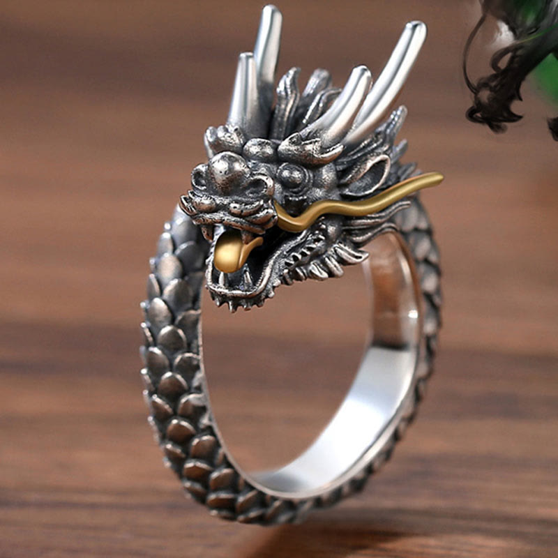 Karma Stone 925 Sterling Silver Vintage Dragon Design Protection Strength Adjustable Ring