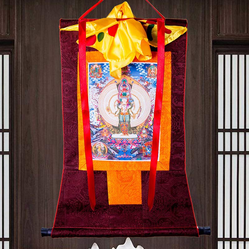 Karma Stone Tibetan Thousand-handed Avalokitesvara Framed Thangka Blessing Decoration