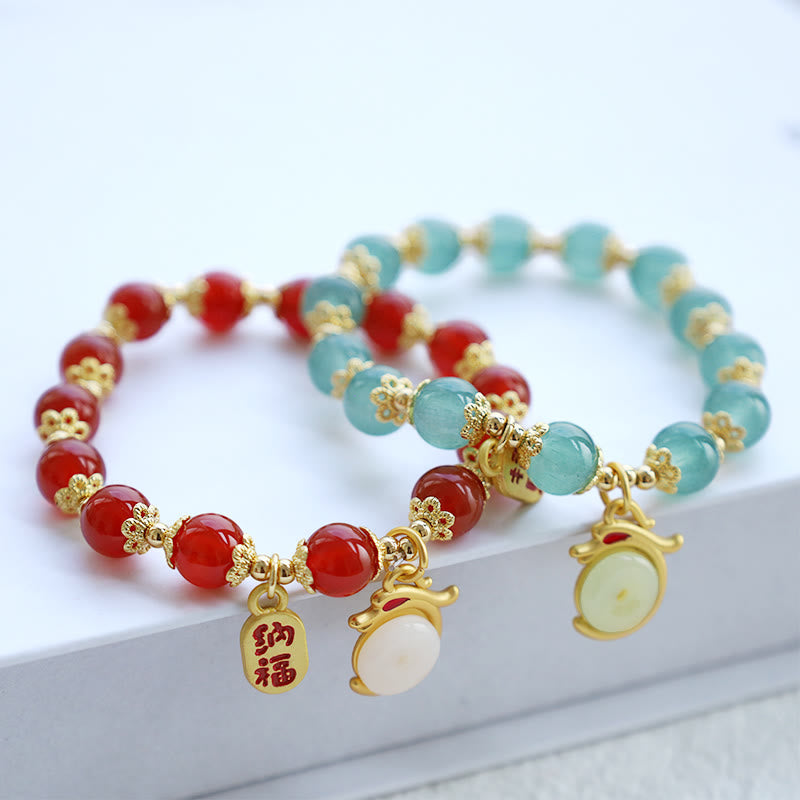 Karma Stone Year of the Dragon Red Agate Green Aventurine Peace Buckle Fu Character Lucky Fortune Bracelet