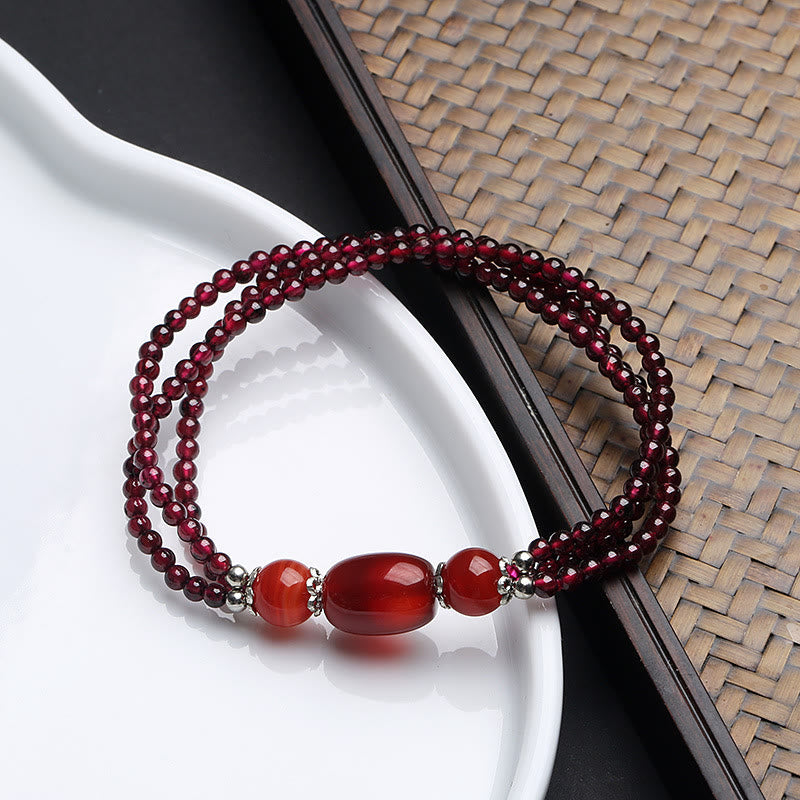 Karma Stone Natural Garnet Red Agate Protection Triple Layer Bracelet