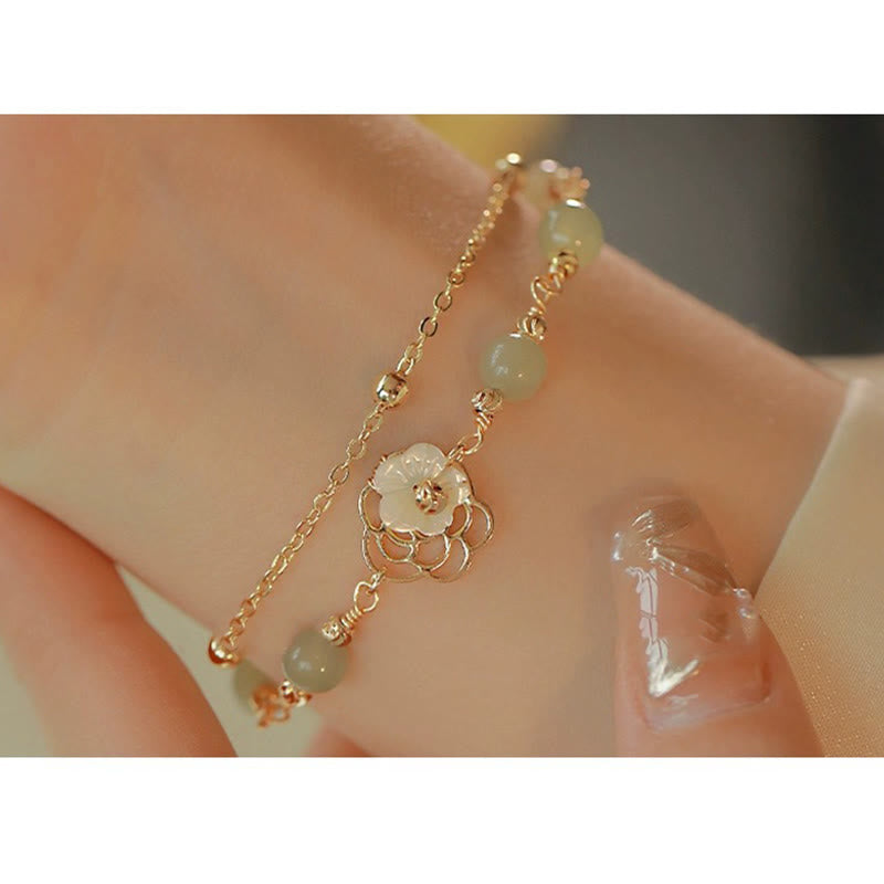 Karma Stone 14K Gold Plated Jade Butterfly Tridacna Stone Flower Double Layer Luck Bracelet