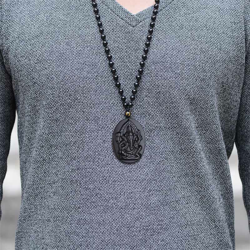 Karma Stone Tibetan Obsidian Ganesh Ganpati Elephant Wealth Amulet Necklace