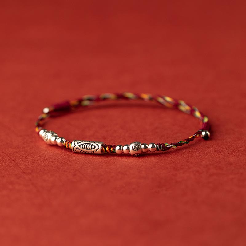 Karma Stone 925 Sterling Silver Luck Koi Fish Braided Colorful String Bracelet Anklet