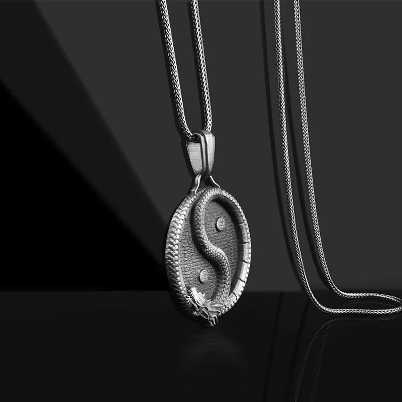 Karma Stone Pure Tin Yin Yang Dragon Luck Strength Necklace Pendant