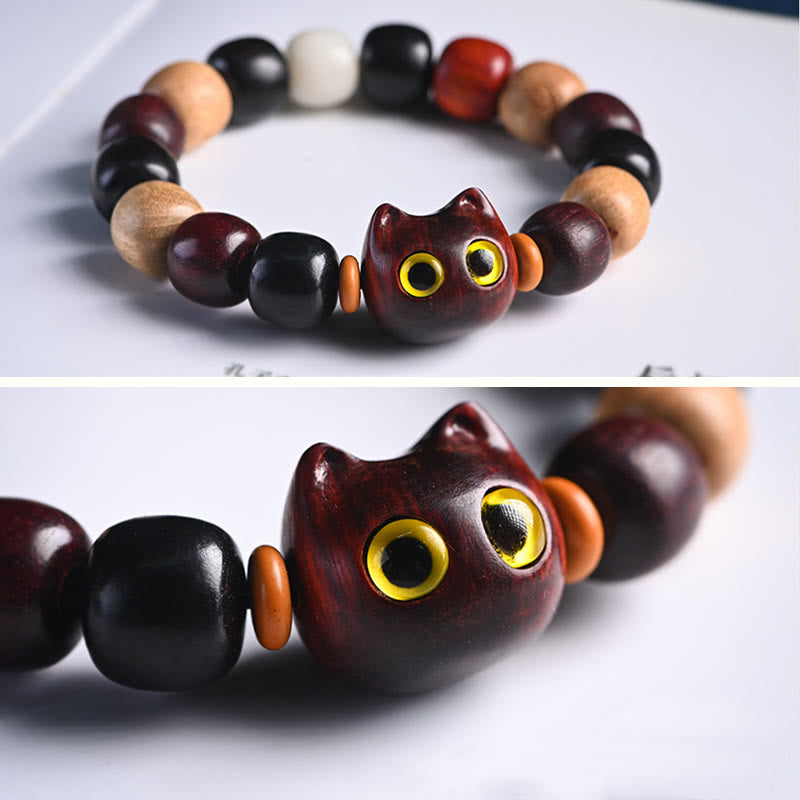 Karma Stone Small Leaf Red Sandalwood Ebony Wood Cute Cat Engraved Protection Bracelet