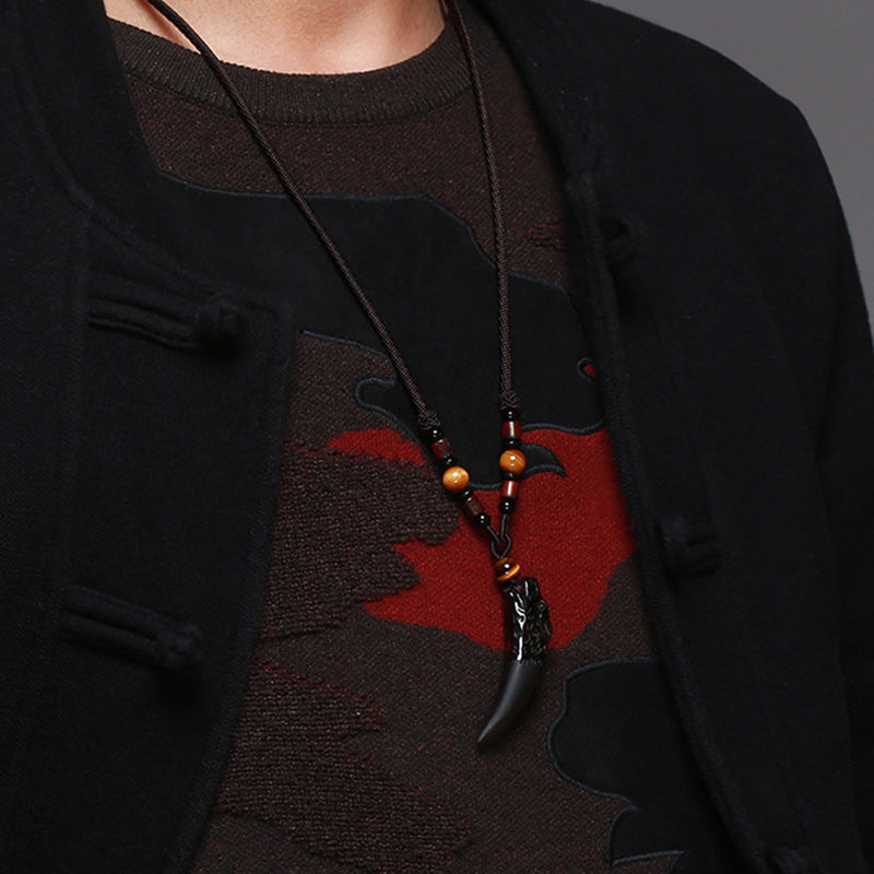 Karma Stone Natural Ice Obsidian Wolf Tooth Pattern Courage Necklace Pendant