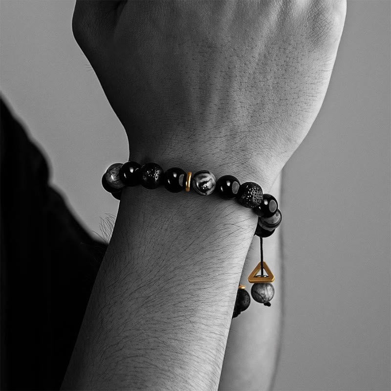 Karma Stone Black Obsidian Lava Rock Stone Yin Yang Strength Bracelet
