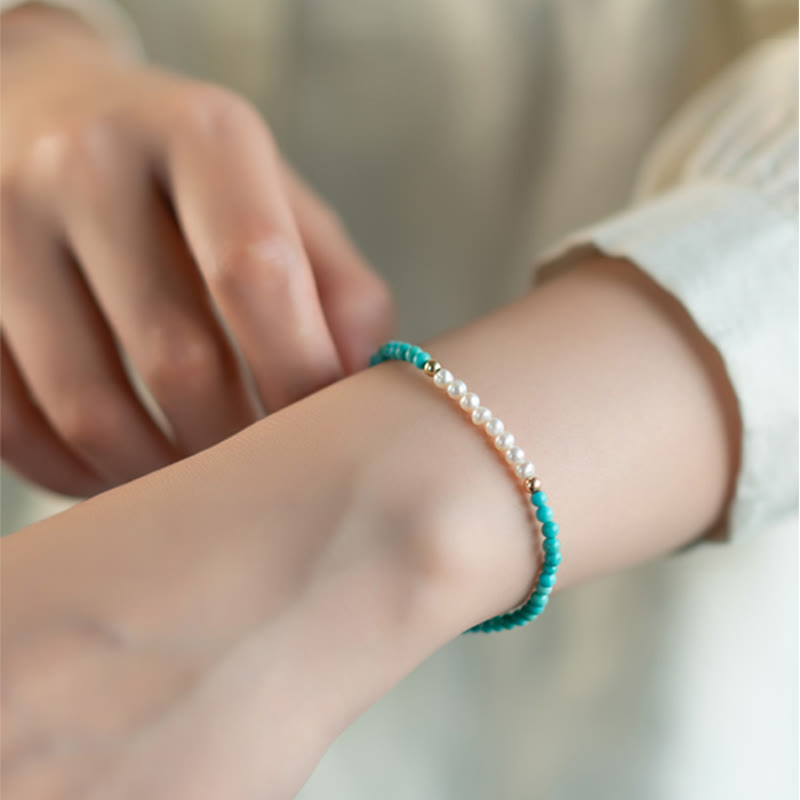 Karma Stone 925 Sterling Silver Natural Turquoise Pearl Beaded Bracelet