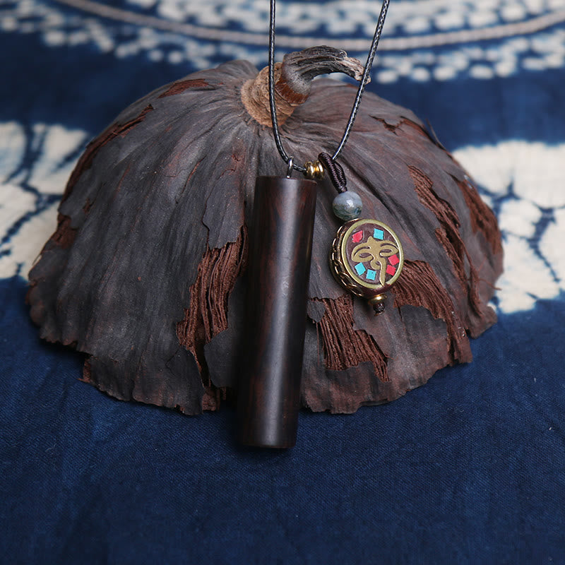 Karma Stone Tibetan Ebony Wood Dzi Bead Peace Calm Necklace Pendant