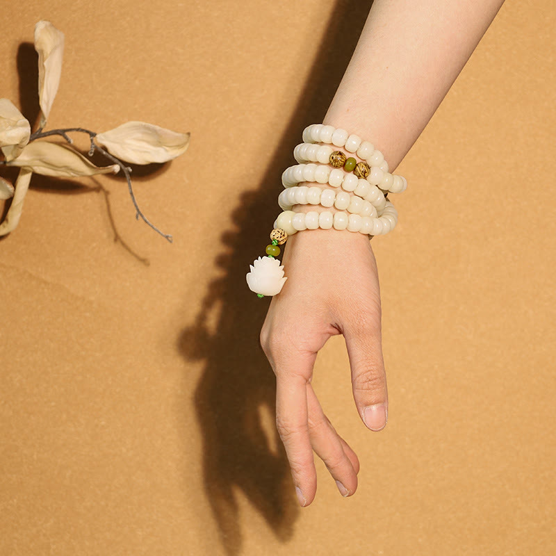 Karma Stone White Jade Bodhi Lotus Mala Harmony Necklace Bracelet