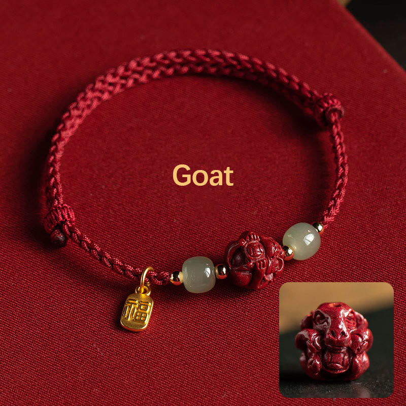 Karma Stone Natural Cinnabar Chinese Zodiac Hetian Jade Fu Character Luck Rope Bracelet