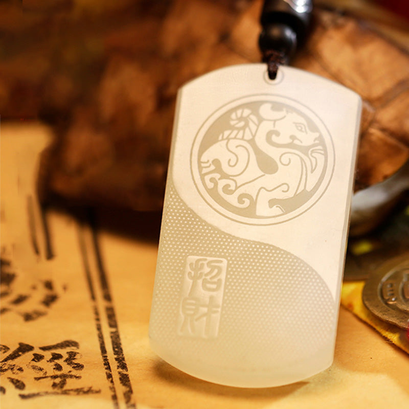 Karma Stone White Jade PiXiu Yin Yang Luck Protection Necklace Pendant