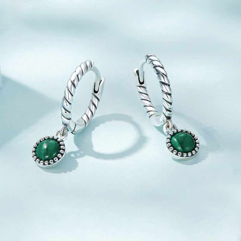 Karma Stone 925 Sterling Silver Round Malachite Anti-Anxiety Drop Earrings