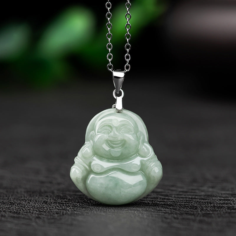 Karma Stone 925 Sterling Silver Laughing Buddha Jade Blessing Necklace Chain Pendant