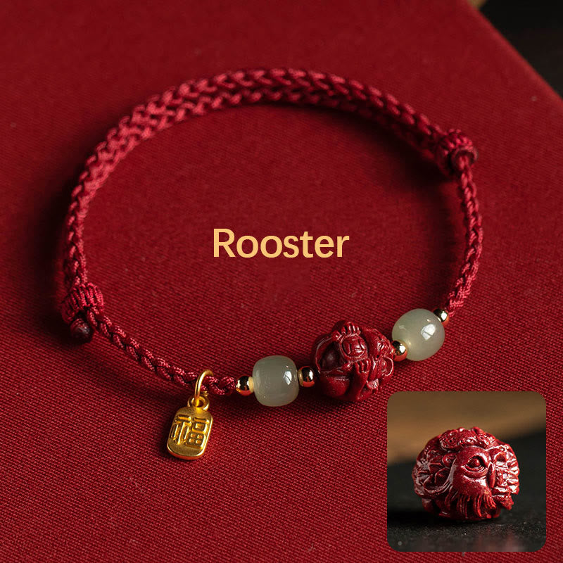 Karma Stone Natural Cinnabar Chinese Zodiac Hetian Jade Fu Character Luck Rope Bracelet
