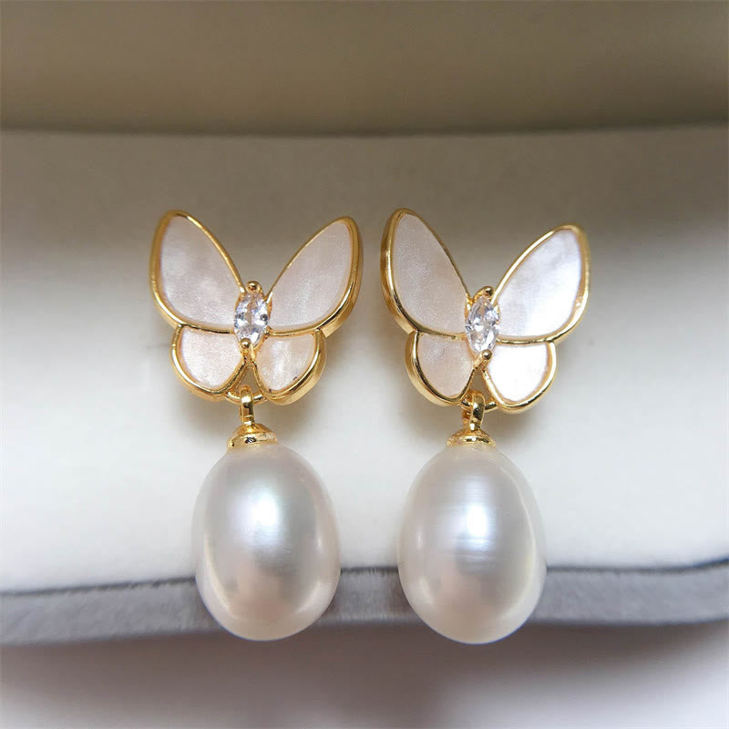 Karma Stone 925 Sterling Silver Posts 18K Gold Plated Copper Pearl Butterfly Optimism Stud Earrings
