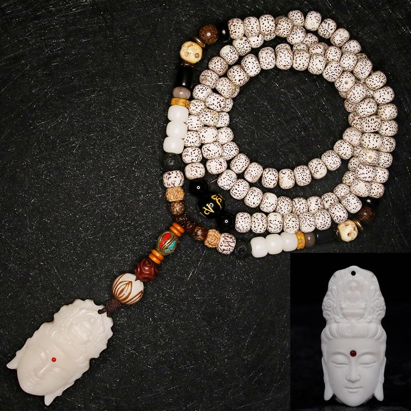 Karma Stone 108 Mala Beads Bodhi Seed Yak Bone Avalokitesvara Lucky Pixiu Guan Gong Buddha Demon Peace Tassel Bracelet