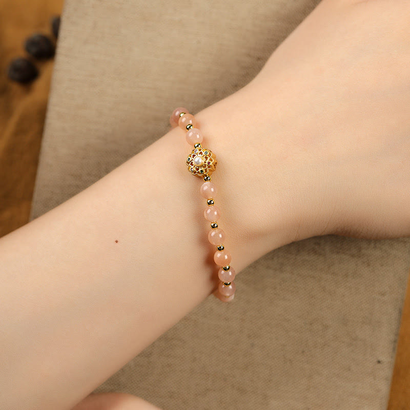 Karma Stone 14K Gold Plated Natural Strawberry Quartz Labradorite Sun Stone Fu Character Positive Charm Bracelet