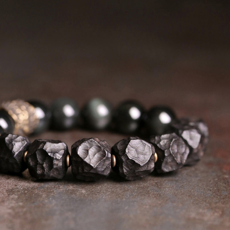 Karma Stone Black Obsidian Ebony Wood Copper Strength Couple Bracelet