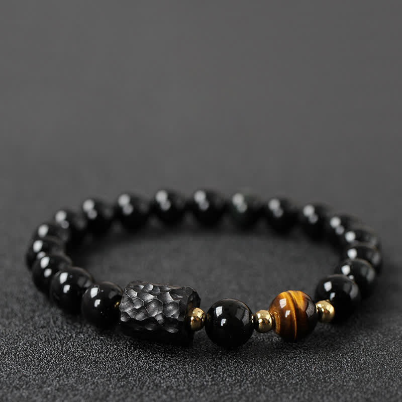 Karma Stone Black Obsidian Ebony Wood Red Tiger Eye Strength Couple Bracelet