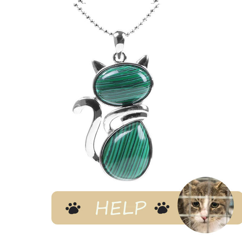 Karma Stone "Save A Cat" Cute Cat Pattern Natural Crystal Protection Cat-Loving Pendant Necklace