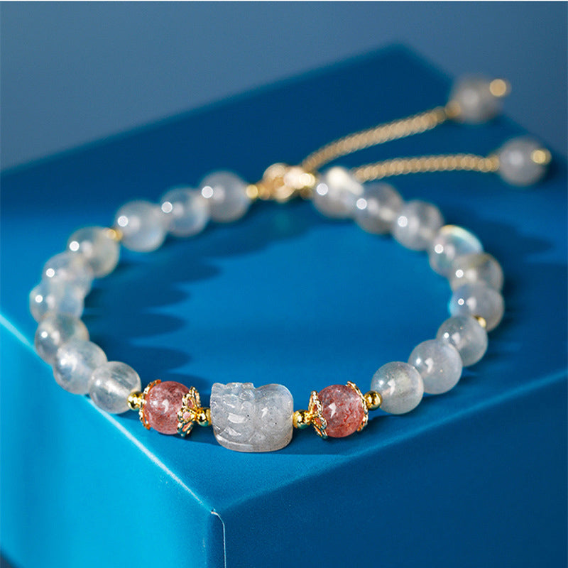 Karma Stone Aquamarine Strawberry Quartz Amethyst Moonstone PiXiu Healing Bracelet