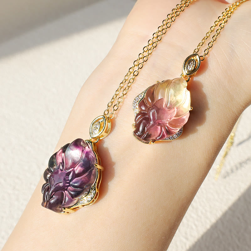 Karma Stone Natural Colorful Fluorite Nine Tailed Fox Protection Necklace Pendant