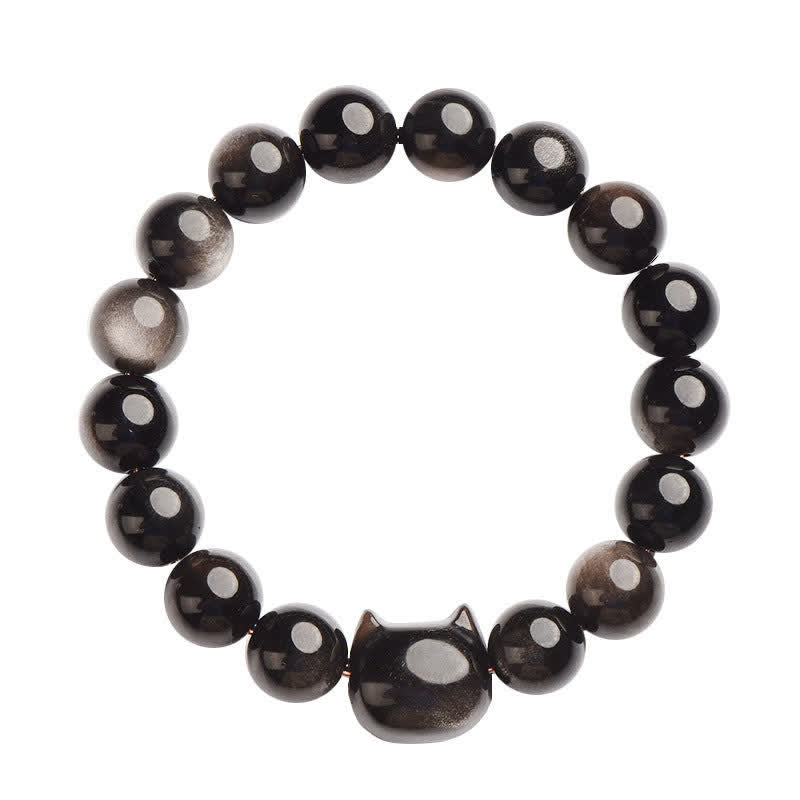 Karma Stone Gold Sheen Obsidian Silver Sheen Obsidian Lovely Paw Lucky Cat Protection Bracelet