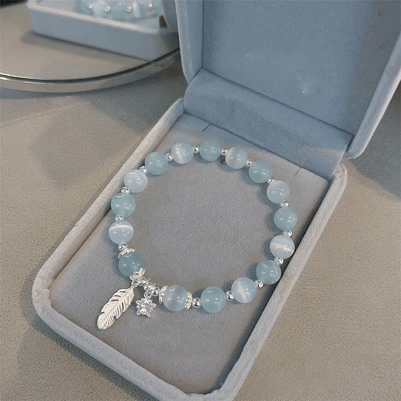 Karma Stone 925 Sterling Silver Aquamarine Cat's Eye Healing Feather Star Charm Bracelet