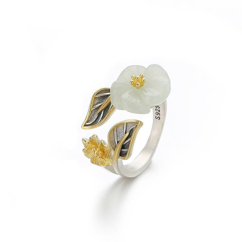Karma Stone 925 Silver Plated Copper White Jade Plum Flower Leaf Luck Ring