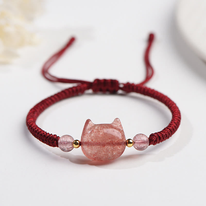 Karma Stone Handmade Natural Silver Sheen Obsidian Strawberry Quartz Cute Cat Protection Braided Bracelet