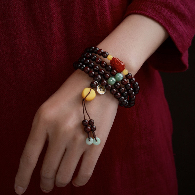 Karma Stone Chinese Zodiac Natal Buddha 108 Mala Beads Small Leaf Red Sandalwood Red Agate PiXiu Protection Bracelet