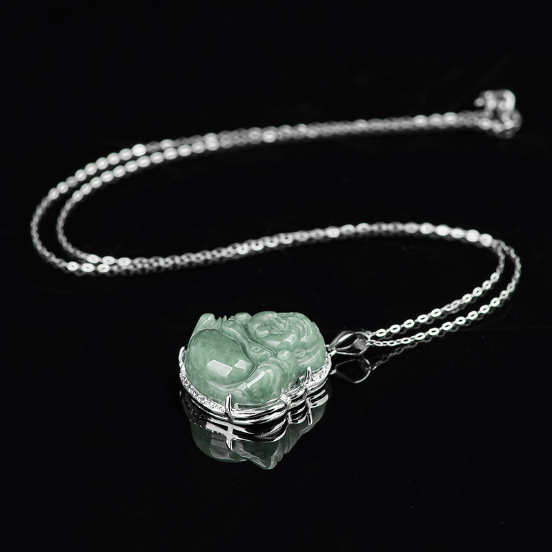 Karma Stone 925 Sterling Silver Laughing Buddha Jade Abundance Necklace Chain Pendant