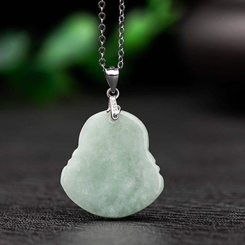 Karma Stone 925 Sterling Silver Laughing Buddha Jade Blessing Necklace Chain Pendant