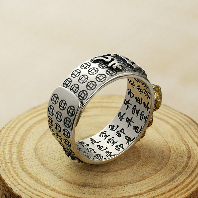 Karma Stone Tibetan 990 Sterling Silver Om Mani Padme Hum PiXiu Dorje Vajra Heart Sutra Engraved Wealth Ring