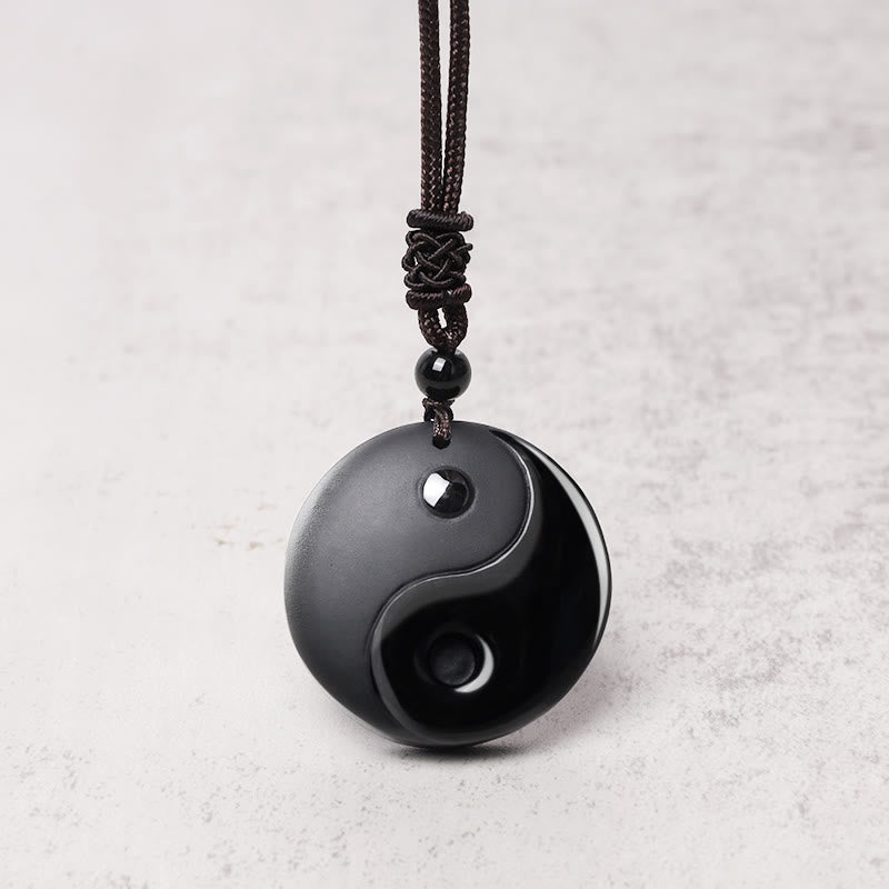 Karma Stone Black Obsidian Taoism Five Sacred Mountains Nine-Character Mantra Carved Purification Yin Yang Necklace Pendant