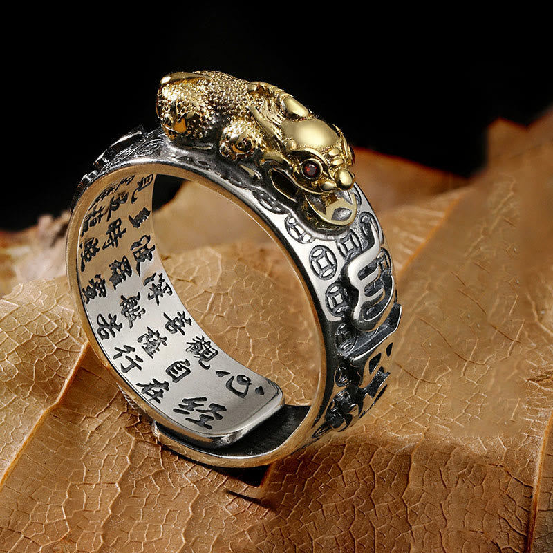 Karma Stone Tibetan 990 Sterling Silver Om Mani Padme Hum PiXiu Dorje Vajra Heart Sutra Engraved Wealth Ring