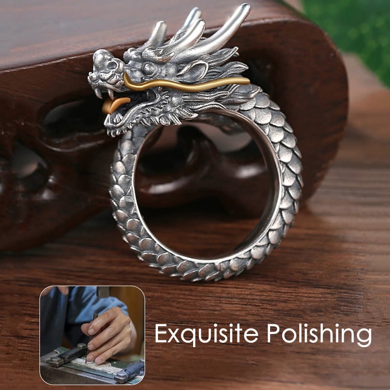 Karma Stone 925 Sterling Silver Vintage Dragon Design Protection Strength Adjustable Ring