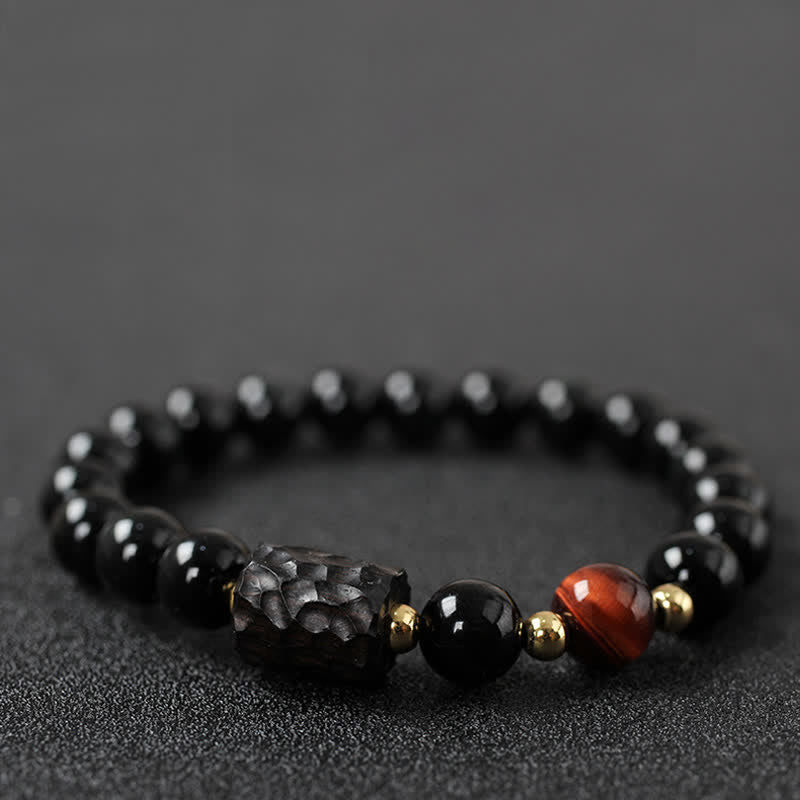 Karma Stone Black Obsidian Ebony Wood Red Tiger Eye Strength Couple Bracelet