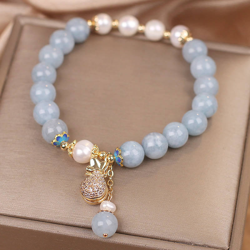 Karma Stone Aquamarine Pearl Fortune Money Bag Charm Bracelet