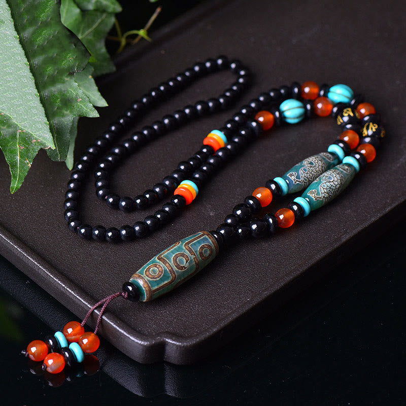Karma Stone Tibetan Nine-Eye Dzi Bead Dragon Pattern Om Mani Padme Hum Protection Necklace Pendant