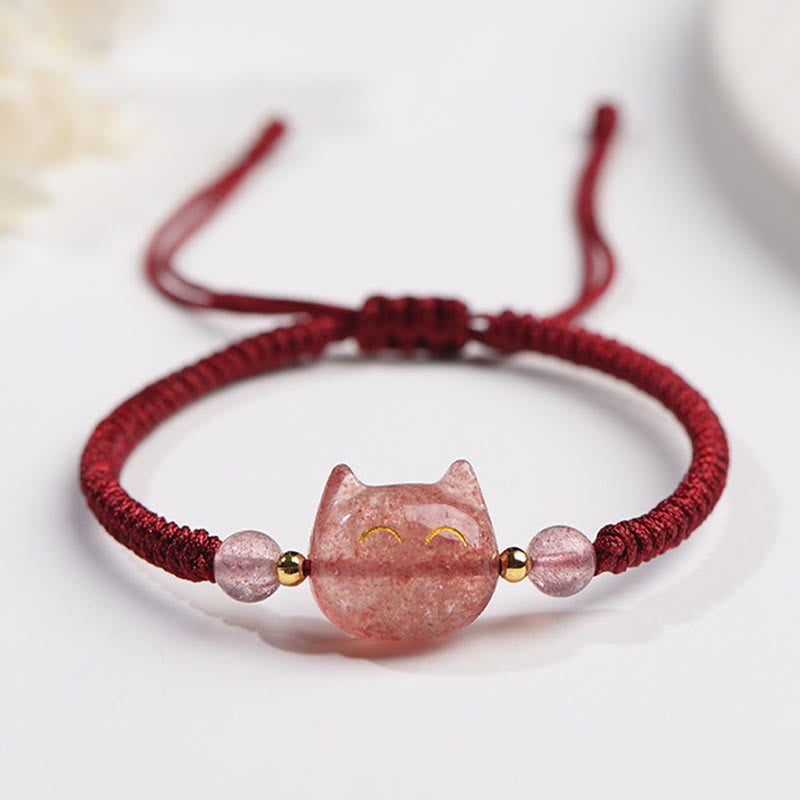 Karma Stone Handmade Natural Silver Sheen Obsidian Strawberry Quartz Cute Cat Protection Braided Bracelet