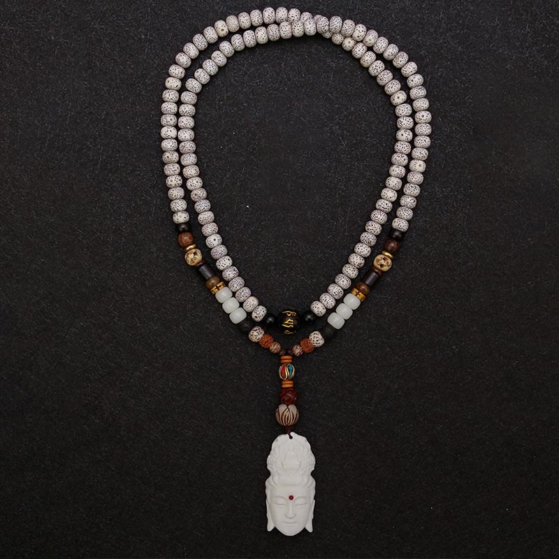 Karma Stone 108 Mala Beads Bodhi Seed Yak Bone Avalokitesvara Lucky Pixiu Guan Gong Buddha Demon Peace Tassel Bracelet