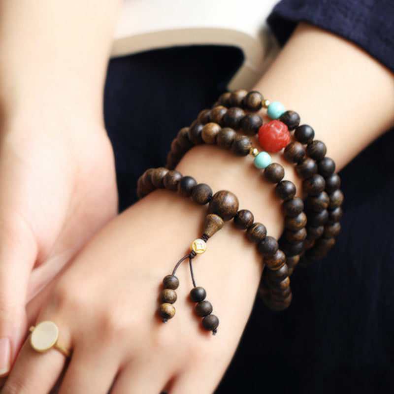 Karma Stone 108 Mala Beads Agarwood Red Agate Turquoise Peace Meditation Bracelet
