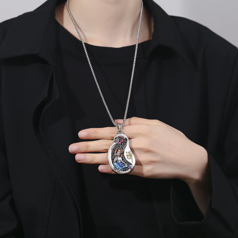 Karma Stone Avalokitesvara Lotus Design Copper Wealth Necklace Pendant