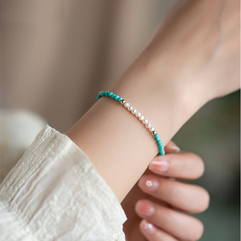 Karma Stone 925 Sterling Silver Natural Turquoise Pearl Beaded Bracelet