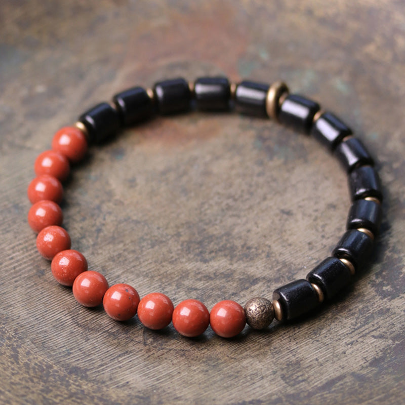 Karma Stone Ebony Wood Red Jasper Moss Agate Crystal Copper Peace Couple Bracelet