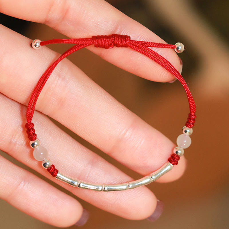 Karma Stone 925 Sterling Silver Bamboo White Agate Red Agate Bead Protection String Braided Bracelet