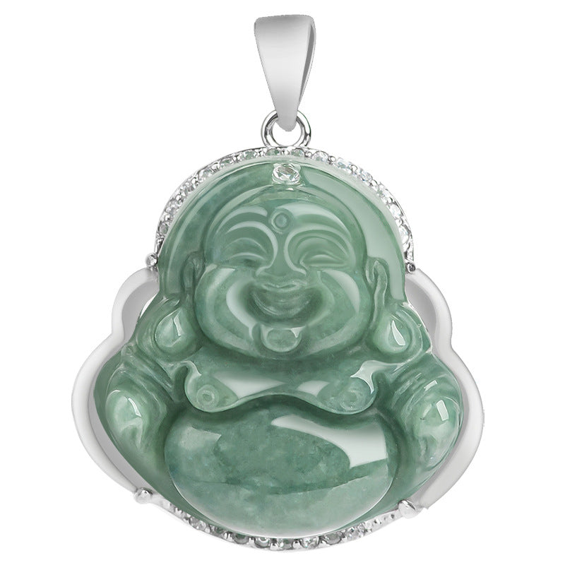 Karma Stone 925 Sterling Silver Laughing Buddha Jade Abundance Necklace Chain Pendant