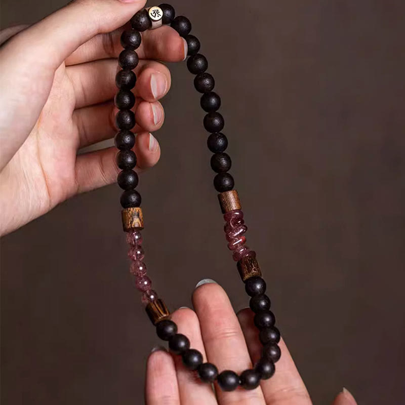 Karma Stone 925 Sterling Silver Chinese Zodiac Natal Buddha Agarwood Strawberry Quartz Peace Double Wrap Bracelet